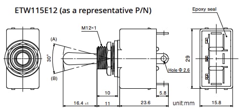 Mechanical Drawing - Nidec Components ETW Series Miniature Toggle Switches